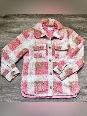 wonder nation Pink Cream Tan Plaid Sherpa Shacket